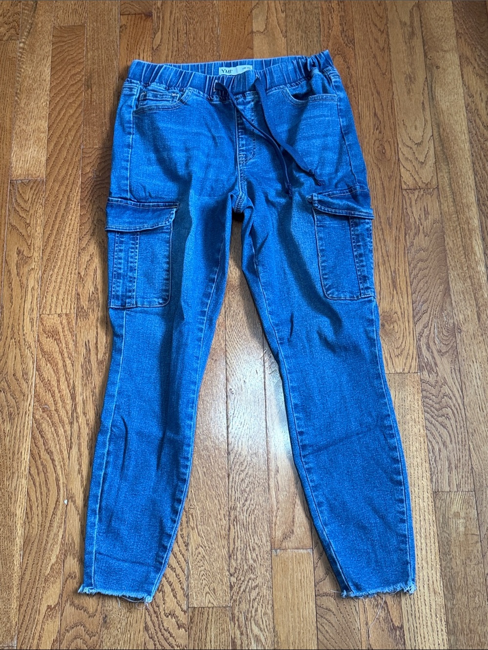 YMI Blue Cargo Jeggings with Drawstring Waist Raw Hem Small